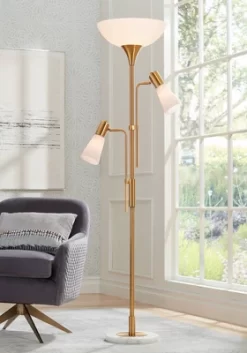 Possini Euro Design Modern Torchiere Floor Lamp With Side Lights 71" Tall Warm Gold Frosted Glass Shade For Living Room House