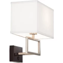 Possini Euro Design Modern Wall Lamp With USB Port Brushed Nickel Plug-In 12" Light Fixture Rectangular Fabric Shade For Bedroom House -Possini Euro Design Sales GUEST 51924aa4 6854 4420 ad1c 6ec1e6330ffd