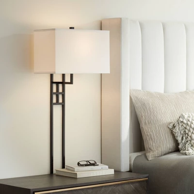 Possini Euro Design Ventano Modern Wall Lamps Set Of 2 Black Plug-In 16" Fixture White Linen Fabric Shades For Bedroom Mirror 4 Possini Euro Design Ventano Modern Wall Lamps Set Of 2 Black Plug-In 16" Fixture White Linen Fabric Shades For Bedroom Mirror - Image 4