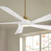 Possini Euro Design 60" Eloquent Modern Indoor Outdoor Ceiling Fan 5 Blade LED Light Remote Control Brass Finish White Blades Bedroom Patio Damp Rated