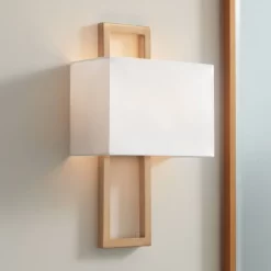 Possini Euro Design Modena Modern Wall Light Sconce French Brass Hardwire 9 1/2" Fixture Faux Silk Shade For Bedroom Reading Living Room Hallway Home