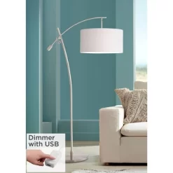 Possini Euro Design Modern Arc Floor Lamp With USB Charging Port 69" Tall Nickel Off-White Drum Shade Adjustable Arm Living Room