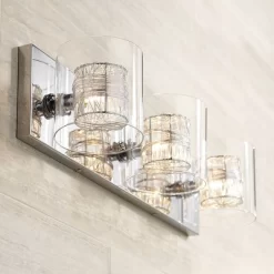 Possini Euro Design Wrapped Wire Modern Wall Light Chrome 22" Fixture Clear Glass Cylinder Shade For Bedroom Bathroom Vanity Reading Living Room House