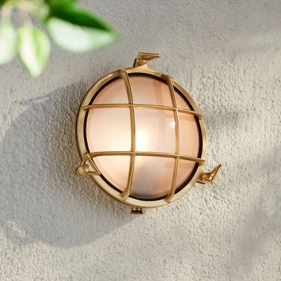 Possini Euro Design Possini Euro Anjali 10"H Brass Bulkhead Outdoor Wall Light Set Of 2 8 Possini Euro Design Possini Euro Anjali 10"H Brass Bulkhead Outdoor Wall Light Set Of 2 - Image 8