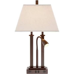 Possini Euro Design Deacon Modern Desk Table Lamp 26" High Bronze With USB And AC Power Outlet In Base LED Reading Light Oatmeal Shade For Office Desk -Possini Euro Design Sales GUEST 5b72b1a5 d996 4460 862b 019398428f13