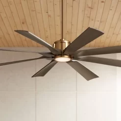 60" Possini Euro Design Defender Modern Indoor Outdoor Ceiling Fan With Dimmable LED Light Remote Control Soft Brass Oak Damp Rated For Patio Exterior