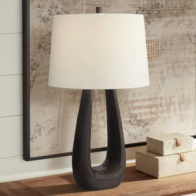 Possini Euro Design Woodwork 30" Tall Open Base Large Mid Century Modern End Table Lamp Black Finish Finish Single White Shade Living Room Bedroom 1 Possini Euro Design Woodwork 30" Tall Open Base Large Mid Century Modern End Table Lamp Black Finish Finish Single White Shade Living Room Bedroom