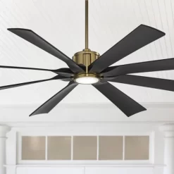 70" Possini Euro Design Defender Modern Indoor Outdoor Ceiling Fan With Dimmable LED Light Remote Soft Brass Matte Black Damp Rated For Patio Exterior