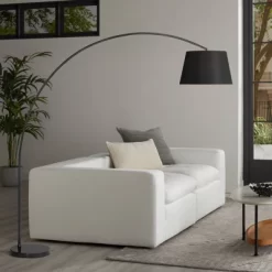 Possini Euro Design Luka Modern 71" Tall Standing Floor Lamp Curved Arc Foot Switch Black Metal Living Room Bedroom House Reading Linen Drum Shade