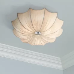 Possini Euro Design Planetarium Modern Ceiling Light Flush Mount Fixture 21" Wide Chrome 3-Light Ivory Fabric Scalloped Bowl For Bedroom Living Room