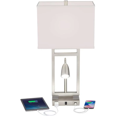 Possini Euro Design Modern Table Lamp With USB Outlet Reading Light LED 29.25" Tall Brushed Nickel Rectangular Off White Shade Bedroom Office 2 Possini Euro Design Modern Table Lamp With USB Outlet Reading Light LED 29.25" Tall Brushed Nickel Rectangular Off White Shade Bedroom Office - Image 2