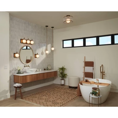 Possini Euro Design Carlyn Mid Century Modern Wall Light Brass Black Hardwire 26" 3-Light Fixture White Glass Globe Shade For Bedroom Bathroom Vanity 6 Possini Euro Design Carlyn Mid Century Modern Wall Light Brass Black Hardwire 26" 3-Light Fixture White Glass Globe Shade For Bedroom Bathroom Vanity - Image 6