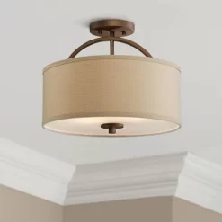 Possini Euro Design Halsted Modern Ceiling Light Semi Flush Mount Fixture 15" Wide Brushed Bronze 2-Light Oatmeal Linen Drum For Bedroom Living Room