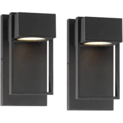 Possini Euro Design Pavel Modern Outdoor Wall Light Fixtures Set Of 2 Textured Black Metal LED Downlight 9 1/2" For Post Exterior Barn -Possini Euro Design Sales GUEST 64c7cac4 1817 4f7d a077 33406deeffc1