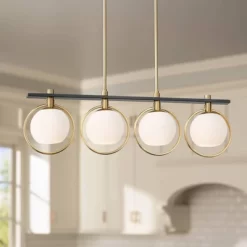 Possini Euro Design Carlyn Brass Black Linear Island Pendant Chandelier 33" Wide Modern White Glass Shade 4-Light LED Fixture For Dining Room Kitchen