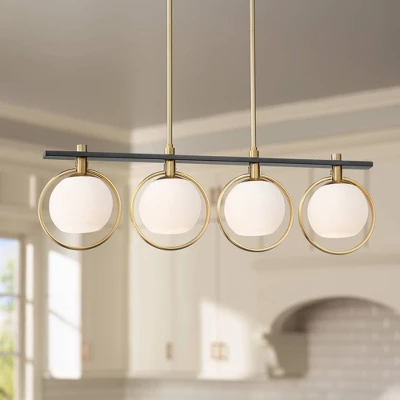 Possini Euro Design Carlyn Brass Black Linear Island Pendant Chandelier 33" Wide Modern White Glass Shade 4-Light LED Fixture For Dining Room Kitchen 1 Possini Euro Design Carlyn Brass Black Linear Island Pendant Chandelier 33" Wide Modern White Glass Shade 4-Light LED Fixture For Dining Room Kitchen