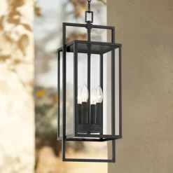Possini Euro Design Jericho Modern Outdoor Hanging Light Textured Black 24 1/4" Clear Glass Panel For Post Exterior Barn Deck House Porch Yard Patio