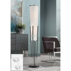 Possini Euro Design Flute Mid Century Modern 64" Tall Floor Lamp With Smart Socket Satin Black Nickel White Shade For Living Room House