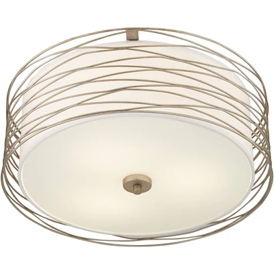 Possini Euro Design Modern Ceiling Light Flush Mount Fixture Antique Silver Leaf 18" Wide Wavy Spun White Drum For Bedroom Kitchen 5 Possini Euro Design Modern Ceiling Light Flush Mount Fixture Antique Silver Leaf 18" Wide Wavy Spun White Drum For Bedroom Kitchen - Image 5