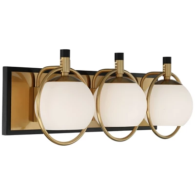 Possini Euro Design Carlyn Mid Century Modern Wall Light Brass Black Hardwire 26" 3-Light Fixture White Glass Globe Shade For Bedroom Bathroom Vanity 5 Possini Euro Design Carlyn Mid Century Modern Wall Light Brass Black Hardwire 26" 3-Light Fixture White Glass Globe Shade For Bedroom Bathroom Vanity - Image 5