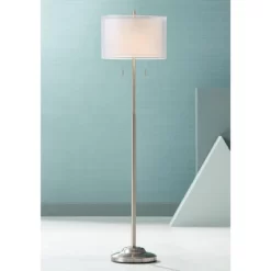 Possini Euro Design Roxie Modern Floor Lamp Standing 65 1/2" Tall Brushed Nickel Sheer Linen Double Drum Shade For Living Room Bedroom Office House