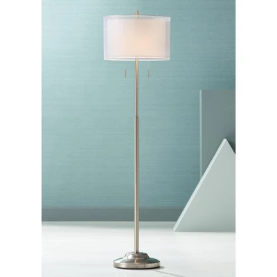 Possini Euro Design Roxie Modern Floor Lamp Standing 65 1/2" Tall Brushed Nickel Sheer Linen Double Drum Shade For Living Room Bedroom Office House 1 Possini Euro Design Roxie Modern Floor Lamp Standing 65 1/2" Tall Brushed Nickel Sheer Linen Double Drum Shade For Living Room Bedroom Office House