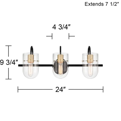 Possini Euro Design Solomon Modern Wall Light Black Hardwire 24" 3-Light Fixture Warm Brass Accents Clear Glass Shade For Bathroom 3 Possini Euro Design Solomon Modern Wall Light Black Hardwire 24" 3-Light Fixture Warm Brass Accents Clear Glass Shade For Bathroom - Image 3