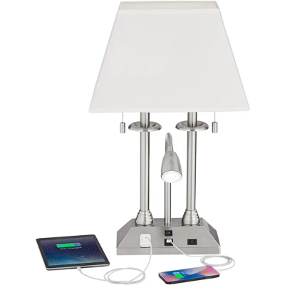 Possini Euro Design Dexter Modern Table Lamp 26" High Brushed Nickel With USB And AC Power Outlet In Base LED Reading Light White Shade For Home Desk 2 Possini Euro Design Dexter Modern Table Lamp 26" High Brushed Nickel With USB And AC Power Outlet In Base LED Reading Light White Shade For Home Desk - Image 2