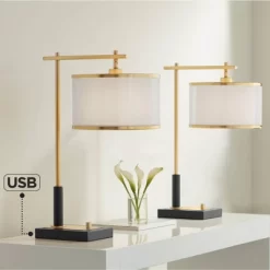 Possini Euro Design Hayven 23 1/2" High Small Mid Century Modern Desk Lamps Set Of 2 Dual USB Ports Black Gold Metal Home Office Living Room Charging