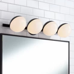 Possini Euro Design Celine Modern Wall Light Black Hardwire 30" 4-Light Fixture Opal White Glass Globe Shade For Bathroom Vanity
