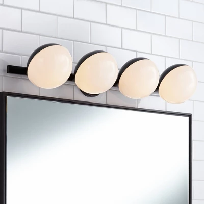 Possini Euro Design Celine Modern Wall Light Black Hardwire 30" 4-Light Fixture Opal White Glass Globe Shade For Bathroom Vanity 1 Possini Euro Design Celine Modern Wall Light Black Hardwire 30" 4-Light Fixture Opal White Glass Globe Shade For Bathroom Vanity