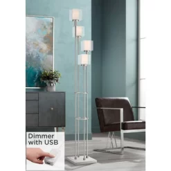 Possini Euro Design Modern Tree Floor Lamp With USB Charging Port 4-Light 72" Tall Brushed Nickel Glass Shade Living Room Reading