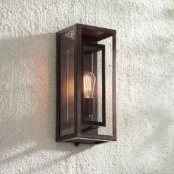 Possini Euro Design Modern Industrial Farmhouse Rustic Outdoor Wall Light Fixture Bronze 15 1/2" Clear Glass For Exterior Barn Deck House Porch Yard