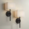Possini Euro Design Favreau Modern Wall Light Sconces Set Of 2 Black Hardwire 8" Fixture Rectangular Linen Shade For Bedroom Reading Living Room House