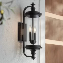 Possini Euro Design Medici Modern Outdoor Wall Light Fixture Black Metal 24 1/2" Clear Glass For Post Exterior Barn Deck House Porch Yard Patio Home
