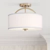 Possini Euro Design Halsted Modern Ceiling Light Semi Flush Mount Fixture 15" Wide Warm Brass 2-Light Oatmeal Linen Drum For Bedroom Living Room House