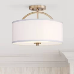 Possini Euro Design Halsted Modern Ceiling Light Semi Flush Mount Fixture 15" Wide Warm Brass 2-Light Oatmeal Linen Drum For Bedroom Living Room House