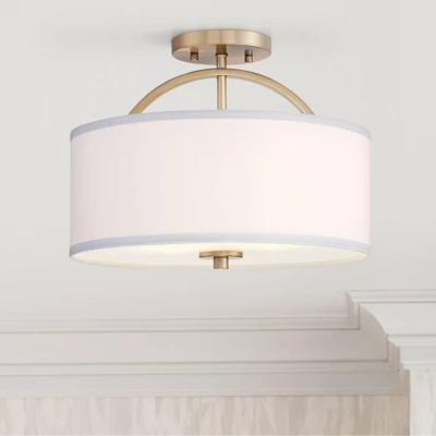 Possini Euro Design Halsted Modern Ceiling Light Semi Flush Mount Fixture 15" Wide Warm Brass 2-Light Oatmeal Linen Drum For Bedroom Living Room House 1 Possini Euro Design Halsted Modern Ceiling Light Semi Flush Mount Fixture 15" Wide Warm Brass 2-Light Oatmeal Linen Drum For Bedroom Living Room House