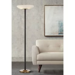 Possini Euro Design Modern Torchiere Floor Lamp LED 72" Tall Black Antique Brass White Glass Shade For Living Room Reading Uplight