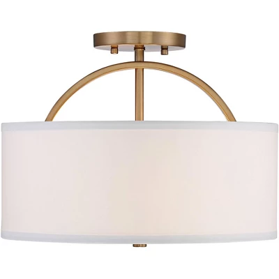 Possini Euro Design Halsted Modern Ceiling Light Semi Flush Mount Fixture 15" Wide Warm Brass 2-Light Oatmeal Linen Drum For Bedroom Living Room House 2 Possini Euro Design Halsted Modern Ceiling Light Semi Flush Mount Fixture 15" Wide Warm Brass 2-Light Oatmeal Linen Drum For Bedroom Living Room House - Image 2