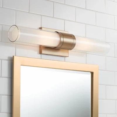 Possini Euro Design Brianna Modern Wall Light Brass Hardwire 23 1/2" 2-Light Fixture Clear Opal Double Glass Tube Shade For Bedroom Bathroom Vanity 1 Possini Euro Design Brianna Modern Wall Light Brass Hardwire 23 1/2" 2-Light Fixture Clear Opal Double Glass Tube Shade For Bedroom Bathroom Vanity
