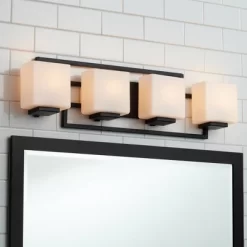 Possini Euro Design Modern Wall Light Black Hardwire 29" 4-Light Fixture White Rectangular Glass Shade For Bathroom Vanity Home