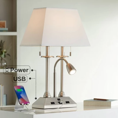 Possini Euro Design Dexter Modern Table Lamp 26" High Brushed Nickel With USB And AC Power Outlet In Base LED Reading Light White Shade For Home Desk 1 Possini Euro Design Dexter Modern Table Lamp 26" High Brushed Nickel With USB And AC Power Outlet In Base LED Reading Light White Shade For Home Desk