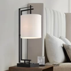 Possini Euro Design Covello 25" High Modern Mission Desk Lamp USB Port AC Power Outlet Black Metal Single White Shade Home Office Living Room Charging