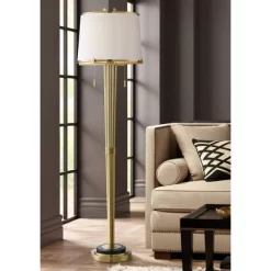 Possini Euro Design Palisade Modern Floor Lamp 64" Tall Satin Brass Metal Trimmed Fabric Tapered Drum Shade For Living Room Bedroom Office House Home