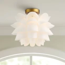 Possini Euro Design Modern Ceiling Light Semi Flush Mount Fixture White Flower Gold Metal 15 3/4" Wide Living Room Bedroom Kitchen