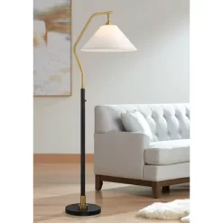 Possini Euro Design Rook Mid Century Modern 66" Tall Standing Floor Lamp Light Curved Chairside Arc With Dimmer Gold Black Metal Living Room Bedroom