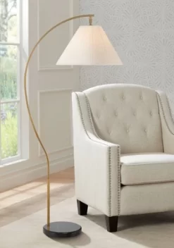 Possini Euro Design Modern Art Deco Arc Floor Lamp 64 1/2" Tall Warm Gold Metal Pleated Fabric Cone Shade For Living Room Reading Family Bedroom House