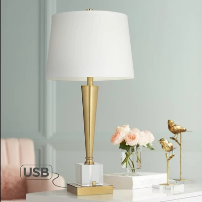 Possini Euro Design Wayne Modern Table Lamps 29 1/4" Tall Set Of 2 Brass With USB Charging Port White Fabric Drum Shade For Bedroom Living Room Kids 8 Possini Euro Design Wayne Modern Table Lamps 29 1/4" Tall Set Of 2 Brass With USB Charging Port White Fabric Drum Shade For Bedroom Living Room Kids - Image 8