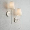 Possini Euro Design Elena Modern Wall Light Sconces Set Of 2 Brushed Nickel Hardwire 6" Fixture Cream Linen Shade For Bedroom Reading Living Room Home